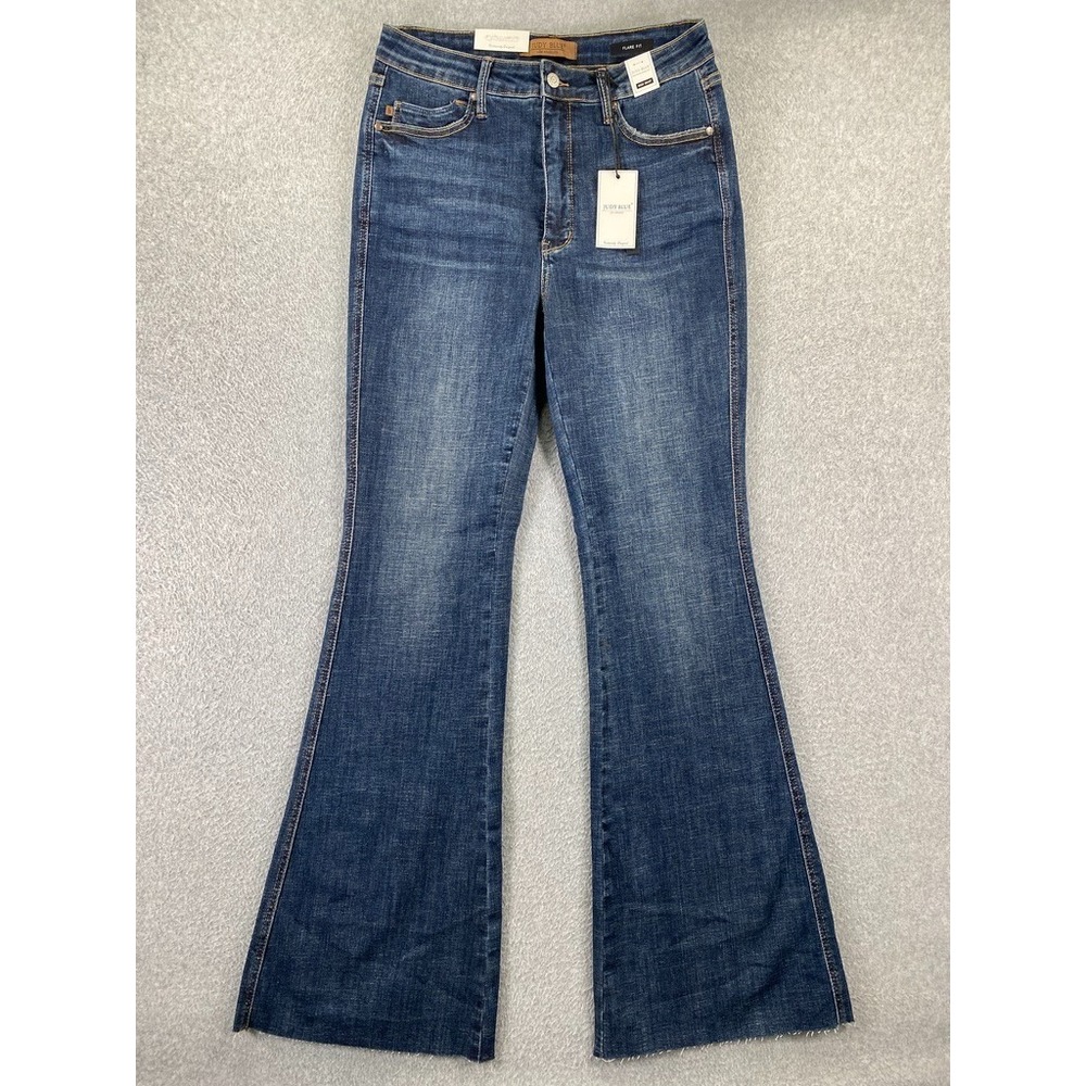 Judy Blue High Waist Flare Fit Jeans Dark Wash Raw Hem Size 11/30 Imperfection